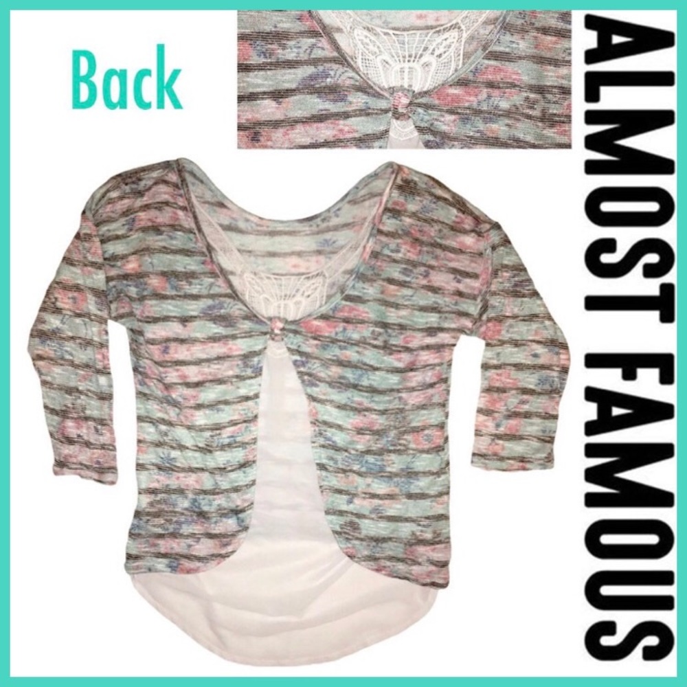 Floral and Stripe Lace Back Top, Sheer, Pink Teal Flowers Almost Famous Medium